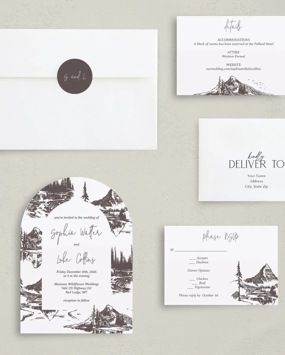 This is a 5" x 7" Arch Wedding Invitation called Mountain Bliss printed in full color with Gold foil on Luxe Satin paper