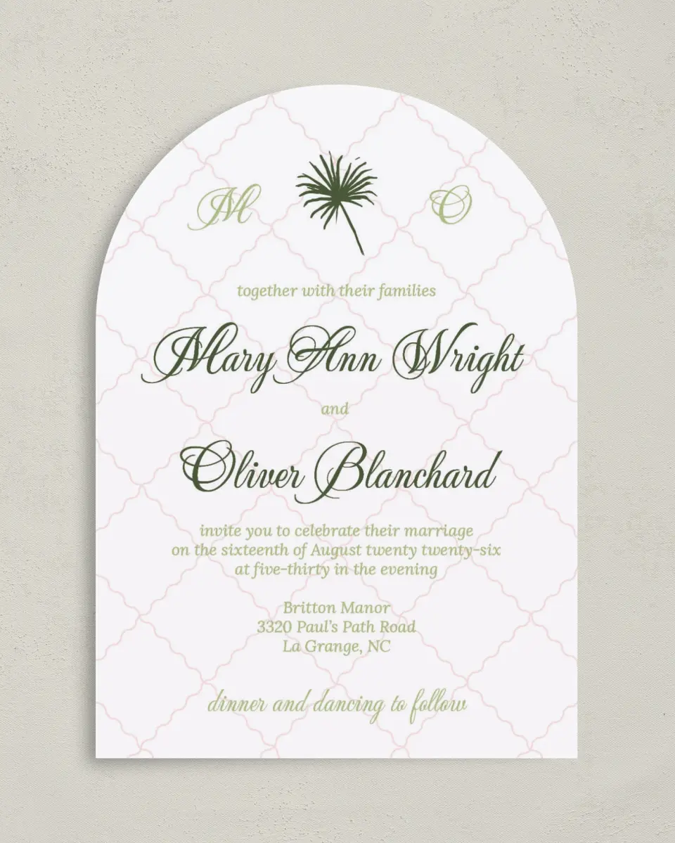 This is a 5" x 7" Arch Wedding Invitation called Palm Paradise printed in full color on Luxe Satin paper