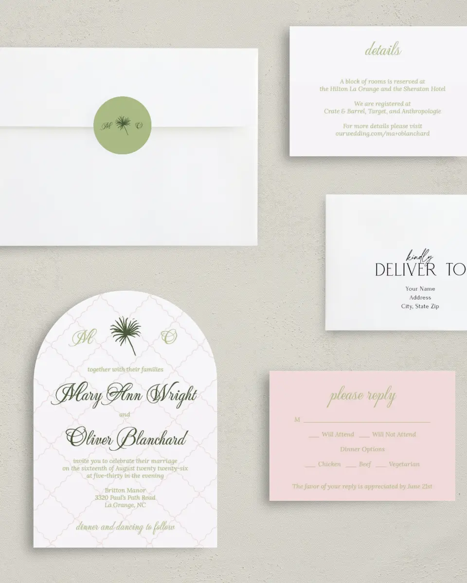 This is a 5" x 7" Arch Wedding Invitation called Palm Paradise printed in full color with Silver foil on Luxe Satin paper