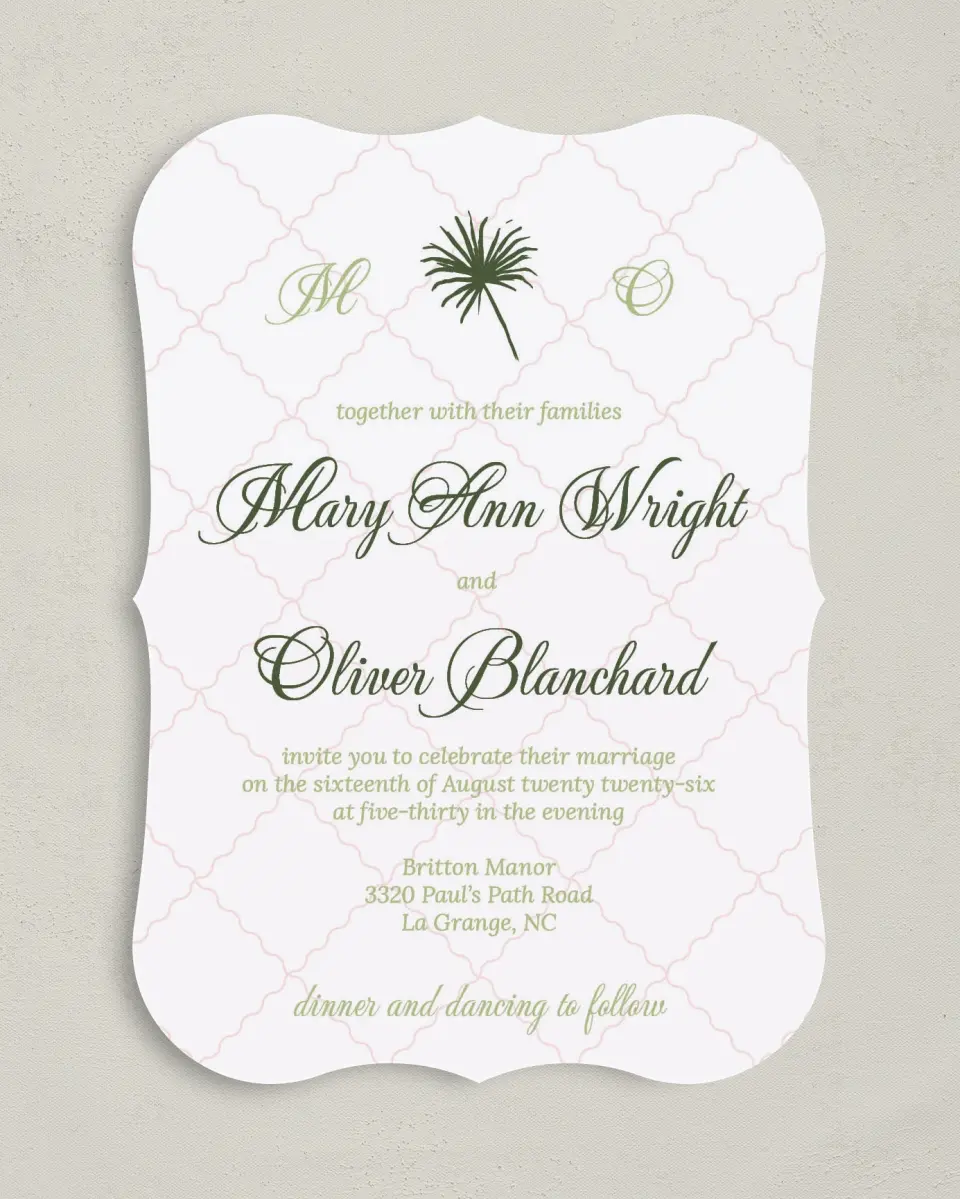 This is a 5" x 7" Bracket Wedding Invitation called Palm Paradise printed in full color with Silver foil on Luxe Satin (coated) paper