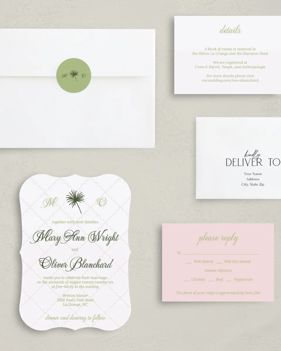 This is a 5" x 7" Bracket Wedding Invitation called Palm Paradise printed in full color with Silver foil on Luxe Satin (coated) paper