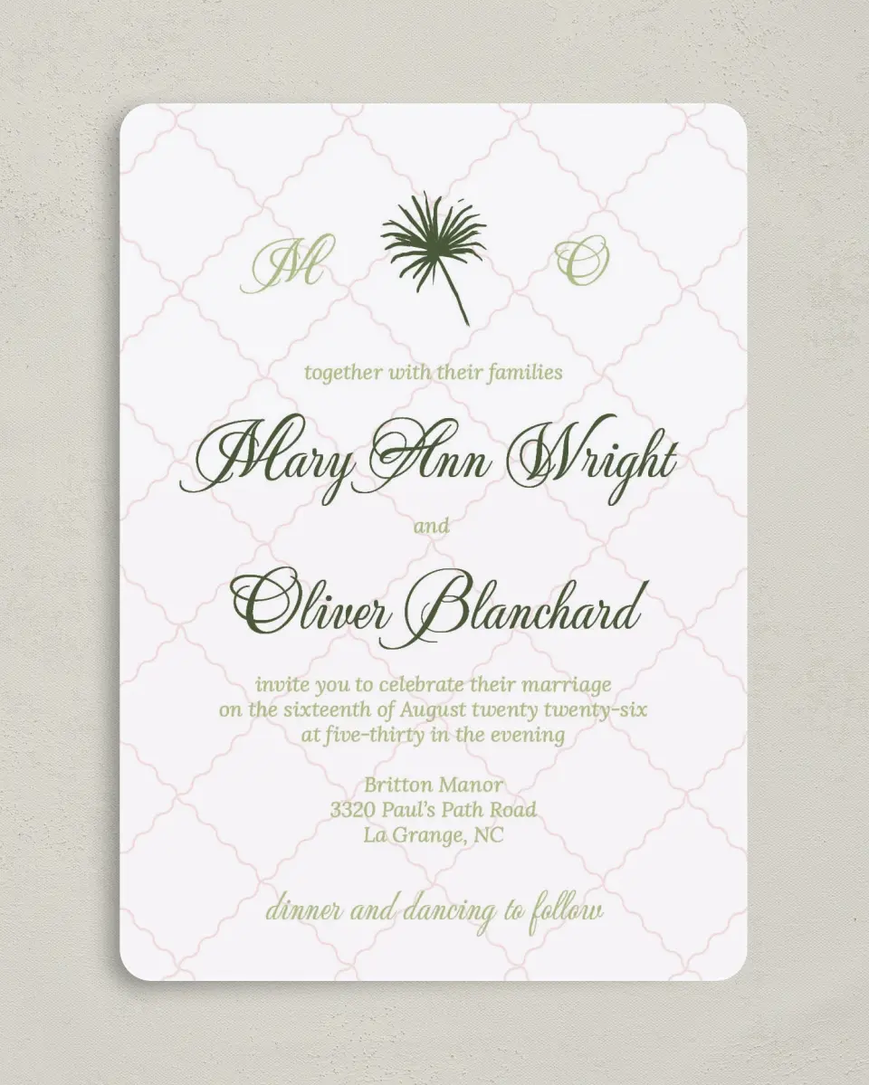 This is a 5" x 7" Rounded Wedding Invitation called Palm Paradise printed in full color on Premium Smooth paper