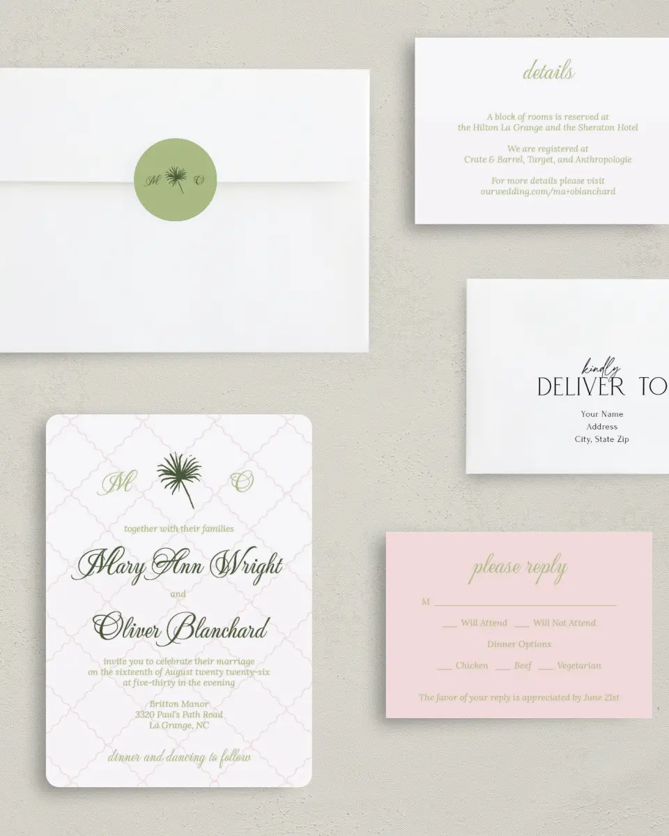 This is a 5" x 7" Rounded Wedding Invitation called Palm Paradise printed in full color with Rose Gold foil on Luxe Satin (coated) paper