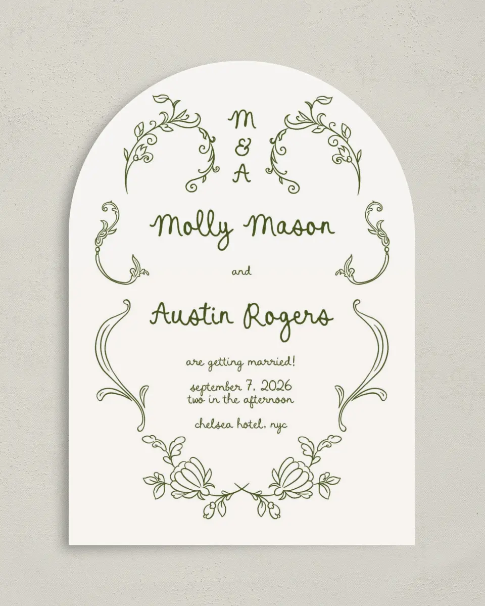 This is a 5" x 7" Arch Wedding Invitation called Evergreen Elegance printed in full color on Luxe Satin paper