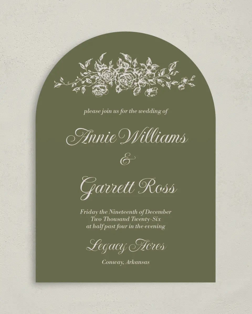 This is a 5" x 7" Arch Wedding Invitation called Meadow of Merriment printed in full color on Luxe Satin paper