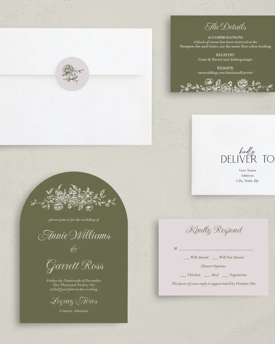 This is a 5" x 7" Arch Wedding Invitation called Meadow of Merriment printed in full color with Silver foil on Luxe Satin paper