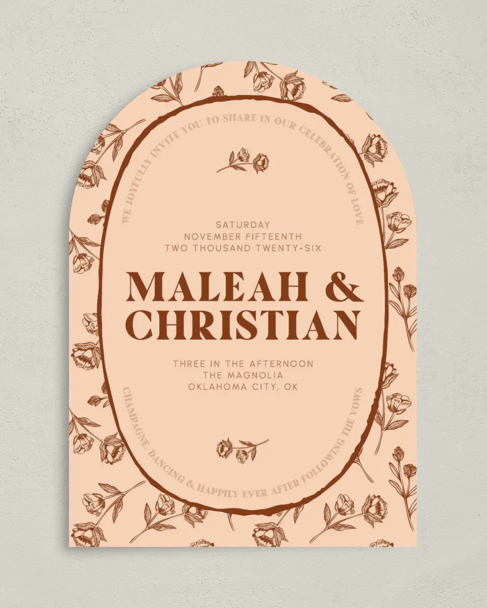 This is a 5" x 7" Arch Wedding Invitation called Agrestal printed in full color on Luxe Satin paper