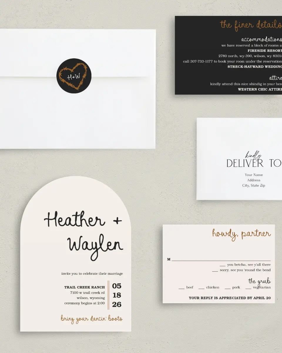 This is a 5" x 7" Arch Wedding Invitation called Head Over Boots printed in full color with Silver foil on Luxe Satin paper