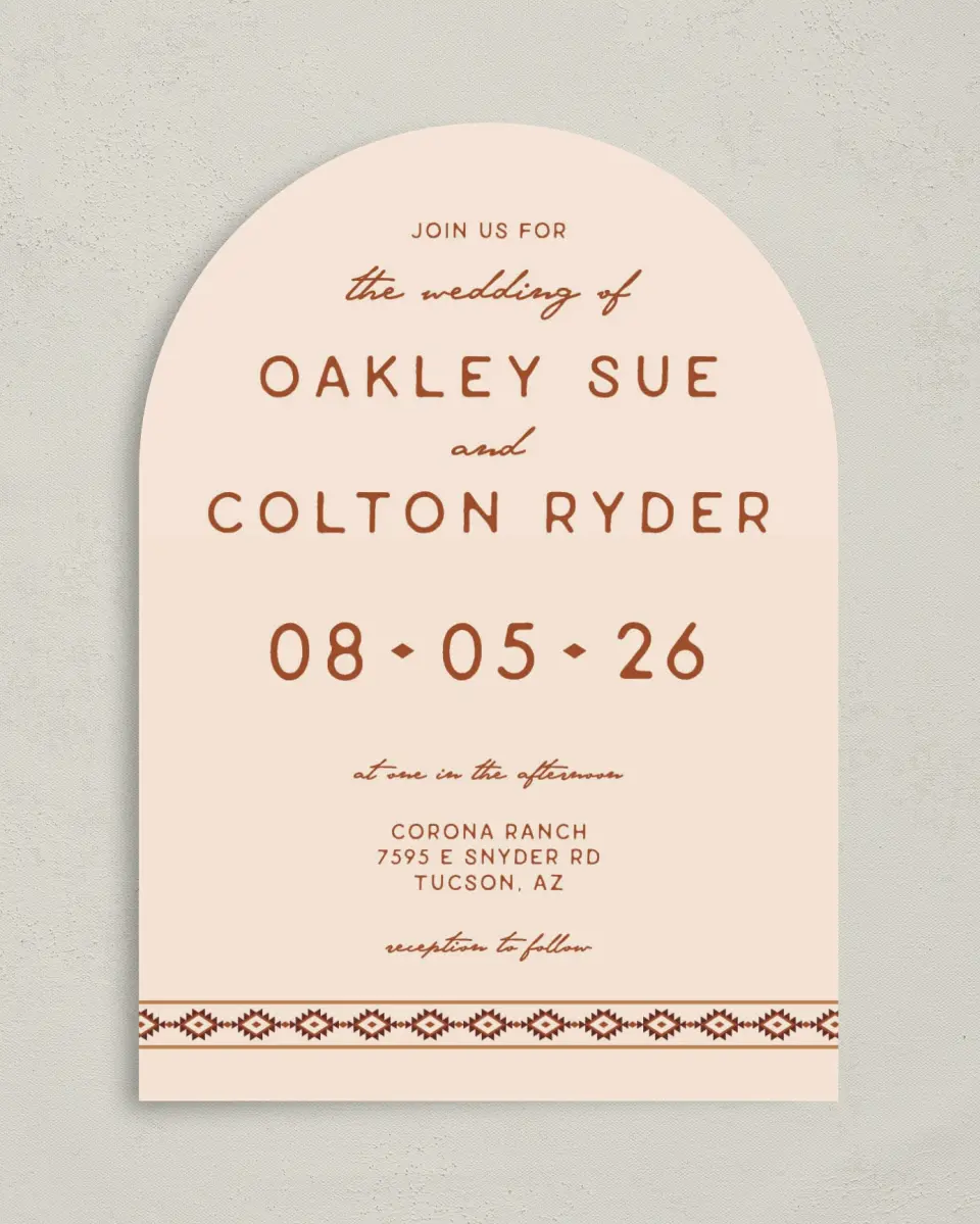 This is a 5" x 7" Arch Wedding Invitation called Wild at Heart printed in full color on Luxe Satin paper