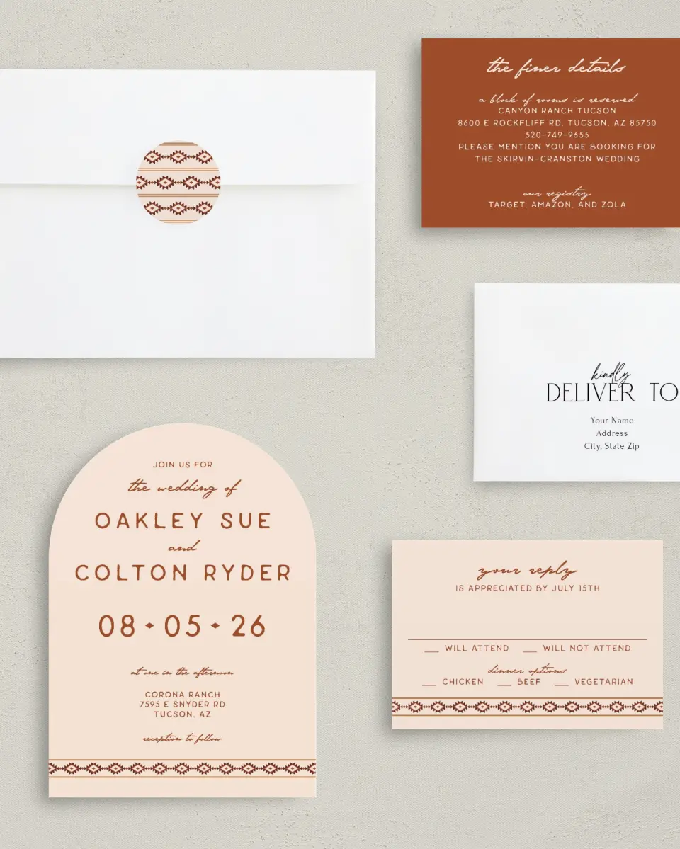 This is a 5" x 7" Arch Wedding Invitation called Wild at Heart printed in full color with Silver foil on Luxe Satin paper