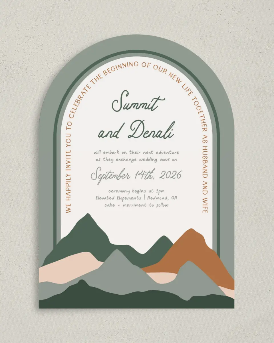 This is a 5" x 7" Arch Wedding Invitation called Elevated Adventures printed in full color on Luxe Satin paper
