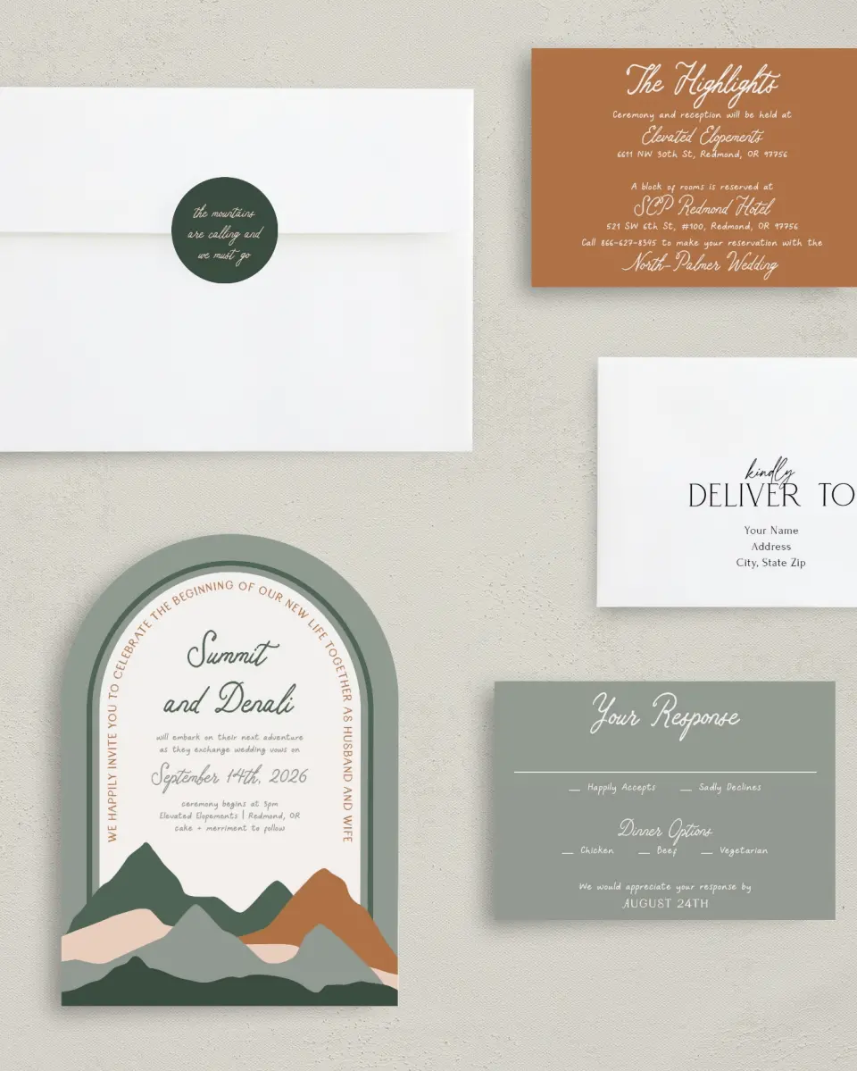 This is a 5" x 7" Arch Wedding Invitation called Elevated Adventures printed in full color with Gold foil on Luxe Satin paper