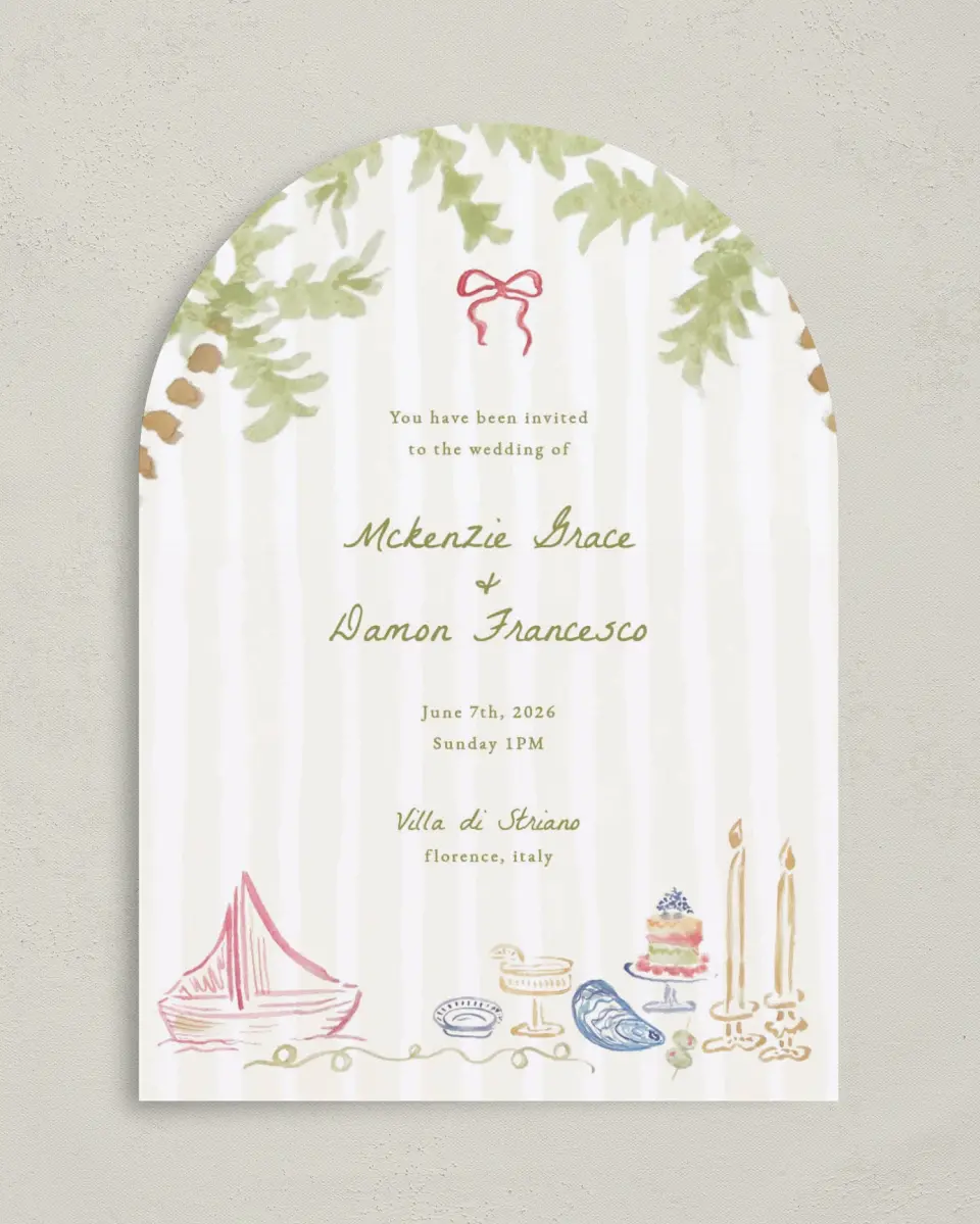 This is a 5" x 7" Arch Wedding Invitation called Positano Daydream printed in full color on Luxe Satin paper