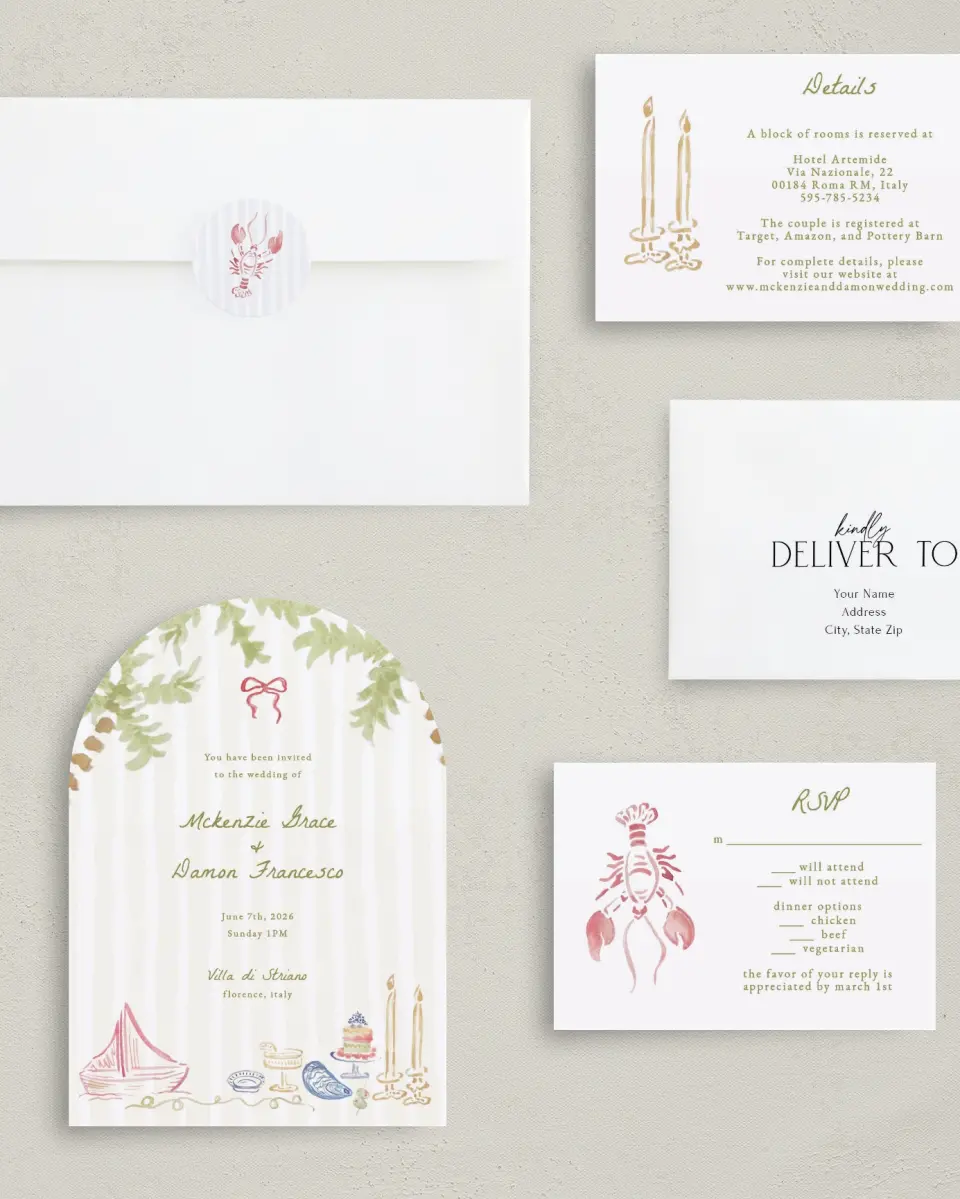 This is a 5" x 7" Arch Wedding Invitation called Positano Daydream printed in full color with Silver foil on Luxe Satin paper