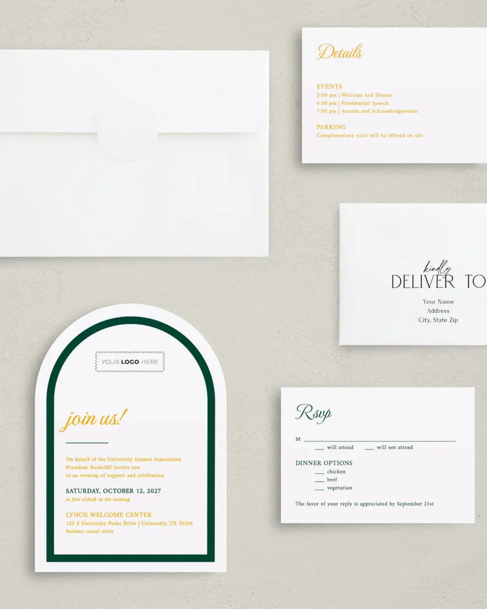 This is a 5" x 7" Arch Wedding Invitation called Lasting Legacy printed in full color with Gold foil on Luxe Satin paper