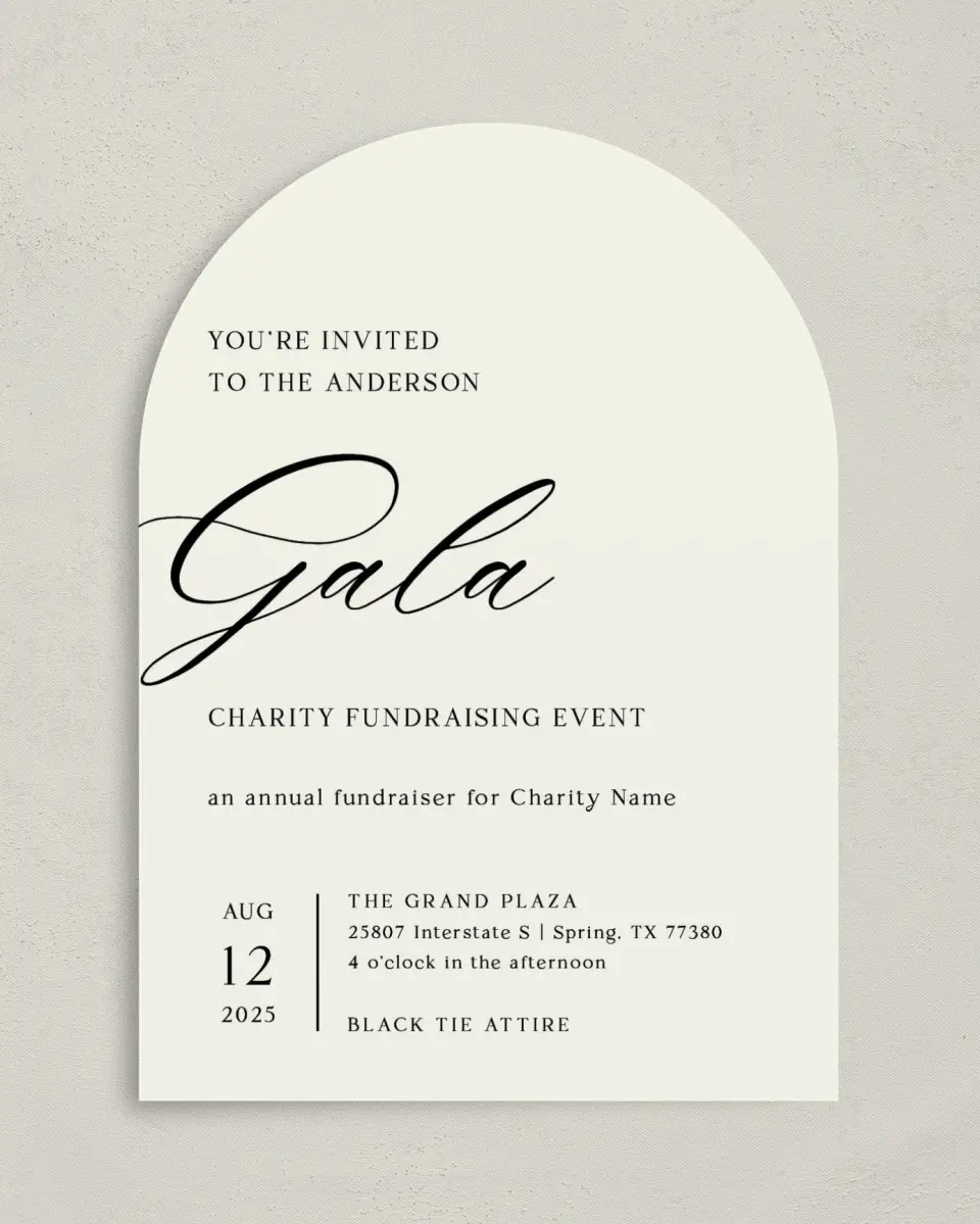This is a 5" x 7" Arch Wedding Invitation called Giving Grace printed in full color on Luxe Satin paper