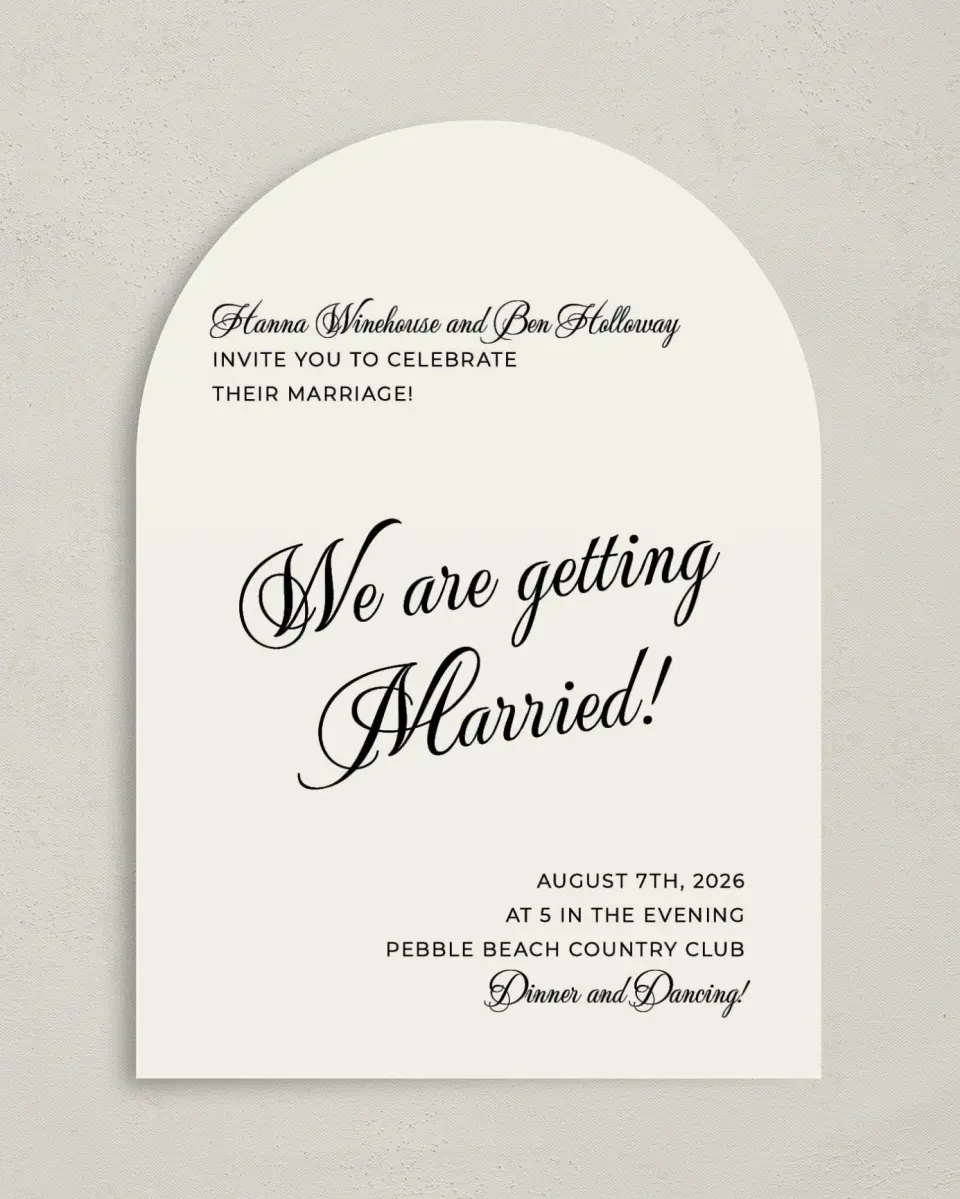 This is a 5" x 7" Arch Wedding Invitation called Grand Party printed in full color on Luxe Satin paper