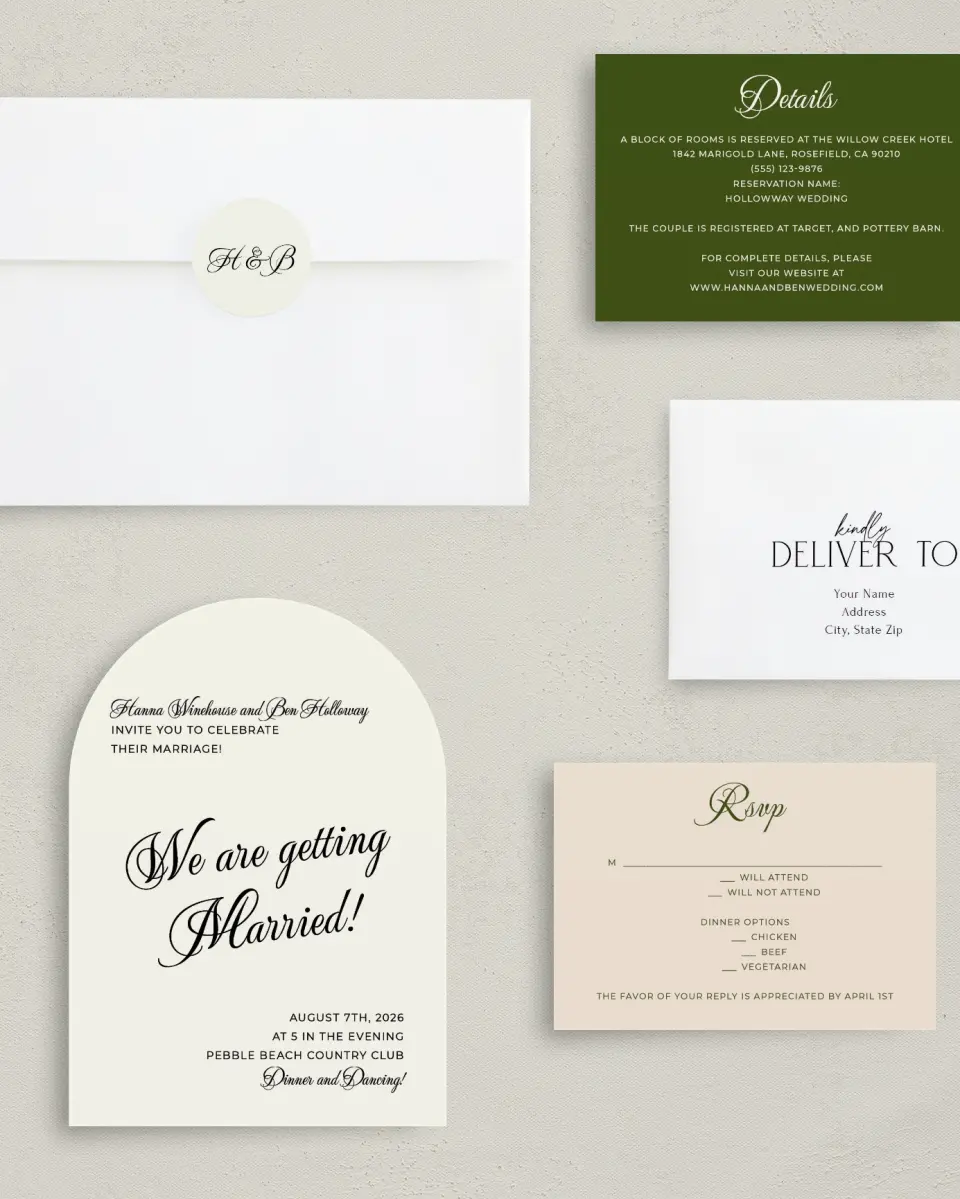 This is a 5" x 7" Arch Wedding Invitation called Grand Party printed in full color with Gold foil on Luxe Satin paper