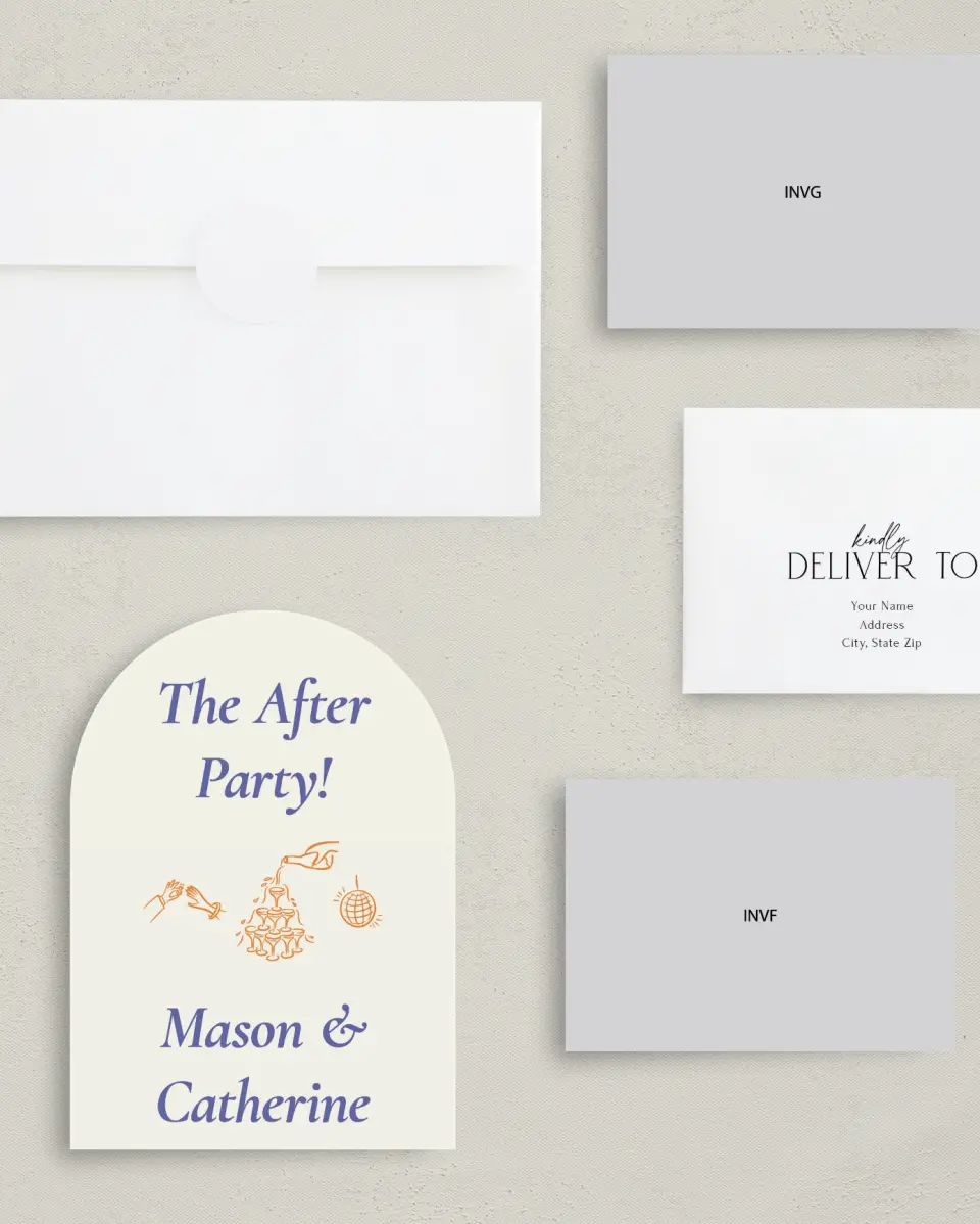 This is a 5" x 7" Reception-Only - CP called The After Party printed in full color with Rose Gold foil on Luxe Satin paper