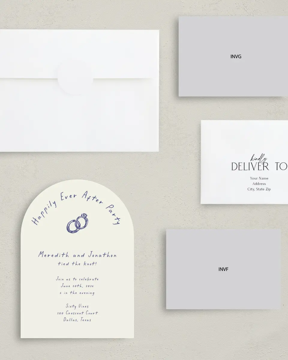 This is a 5" x 7" Reception-Only - CP called Ringing in Happiness printed in full color with Silver foil on Luxe Satin paper
