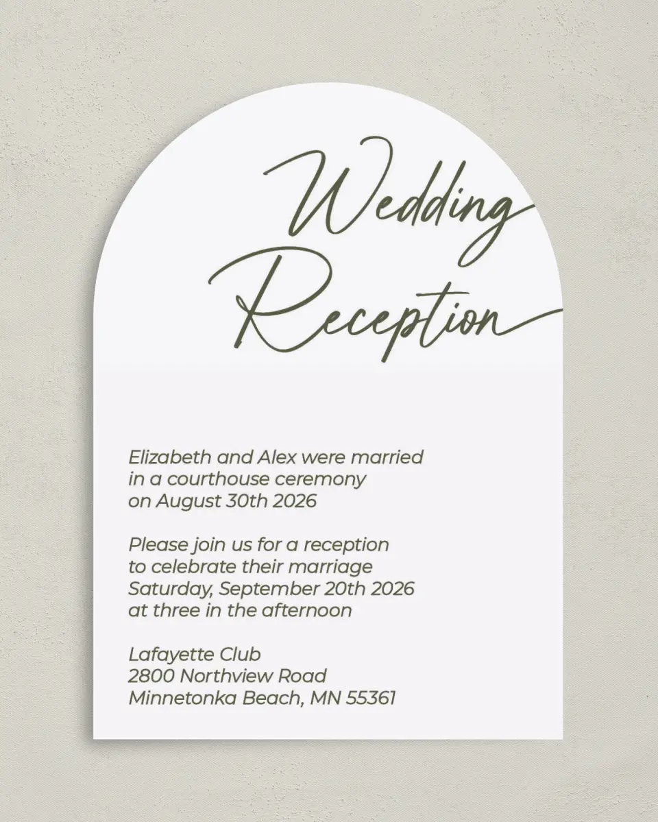 This is a 5" x 7" Reception-Only - CP called Reception Rendezvous printed in full color on Luxe Satin paper