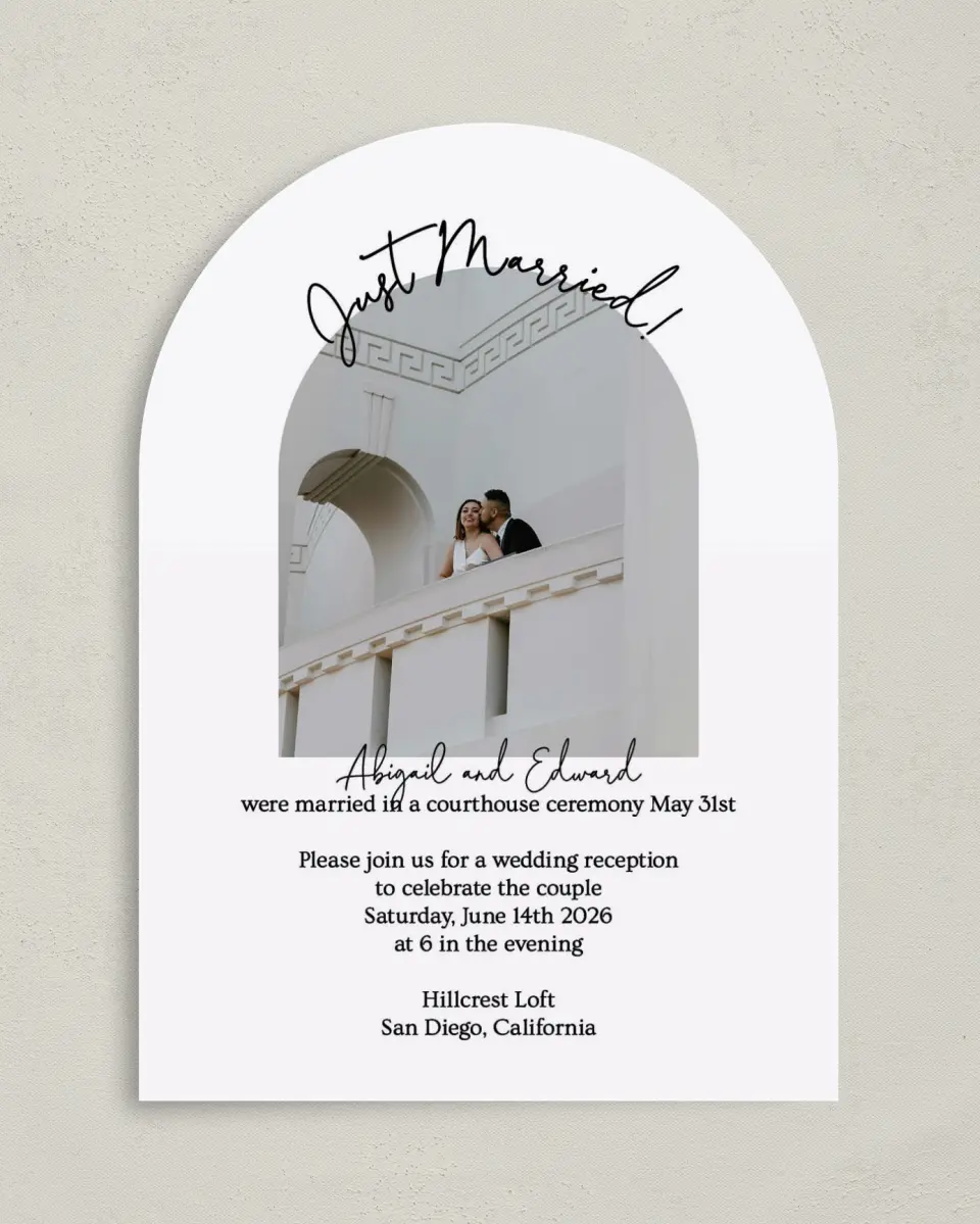 This is a 5" x 7" Reception-Only - CP called Just Married printed in full color on Luxe Satin paper