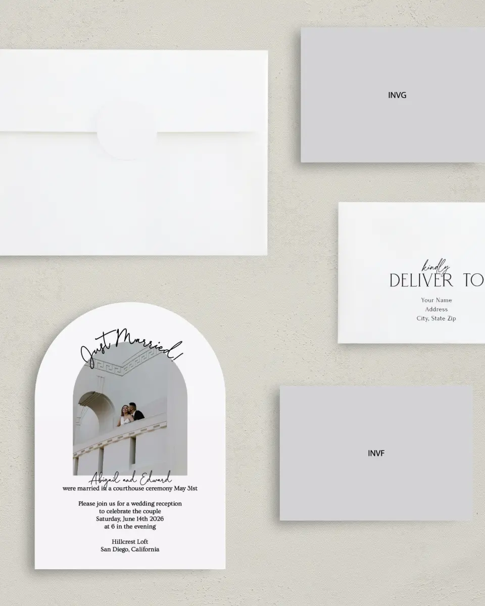 This is a 5" x 7" Reception-Only - CP called Just Married printed in full color on Luxe Satin paper