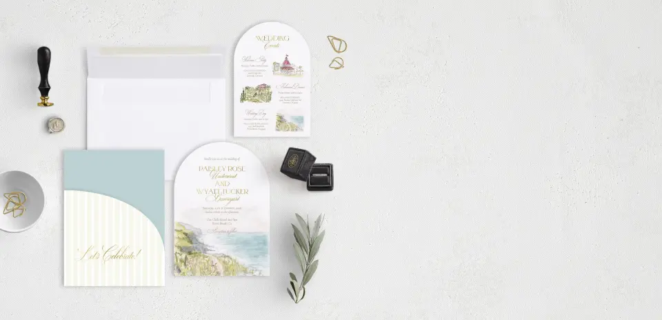 Stacked Wedding Invitations with pocket and coordinating items