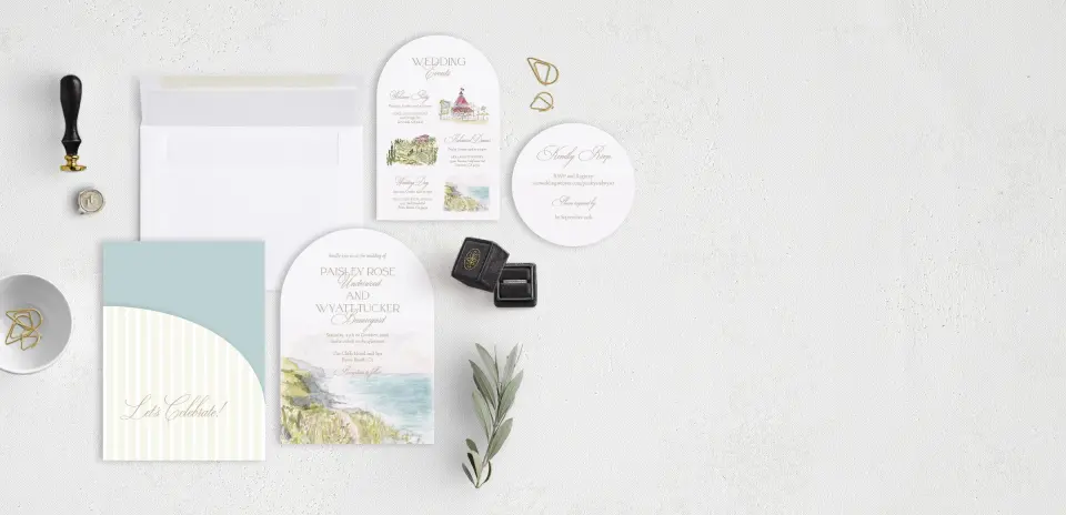 Stacked Wedding Invitations with pocket and coordinating items