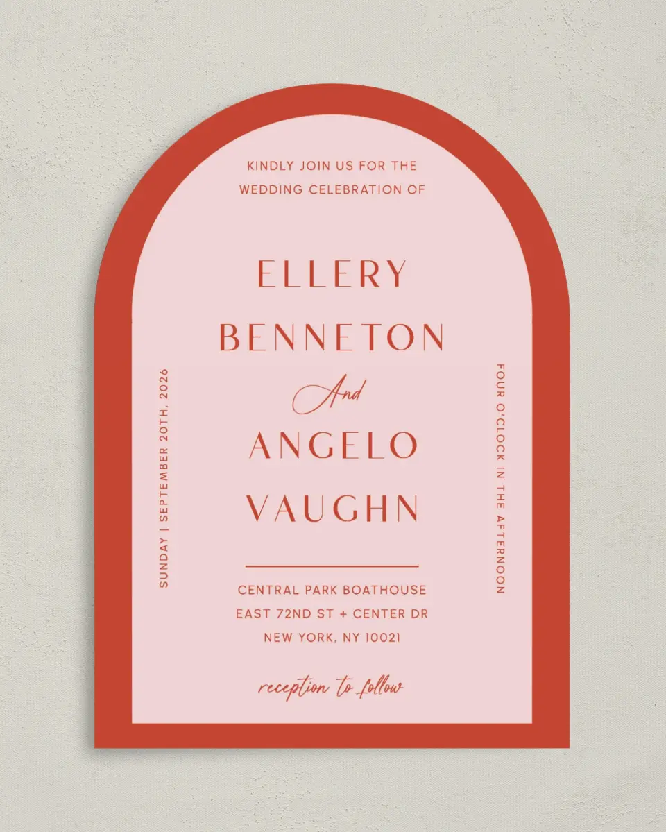 This is a 5" x 7" Arch Wedding Invitation called Boathouse Bliss printed in full color on Luxe Satin paper