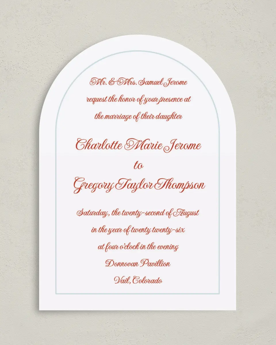 This is a 5" x 7" Arch Wedding Invitation called Mod Elegance printed in full color on Luxe Satin paper