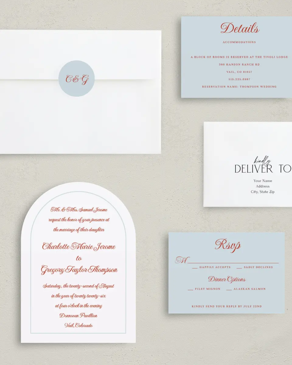 This is a 5" x 7" Arch Wedding Invitation called Mod Elegance printed in full color with Gold foil on Luxe Satin paper