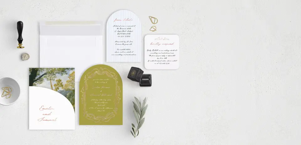 Stacked Wedding Invitations with pocket and coordinating items