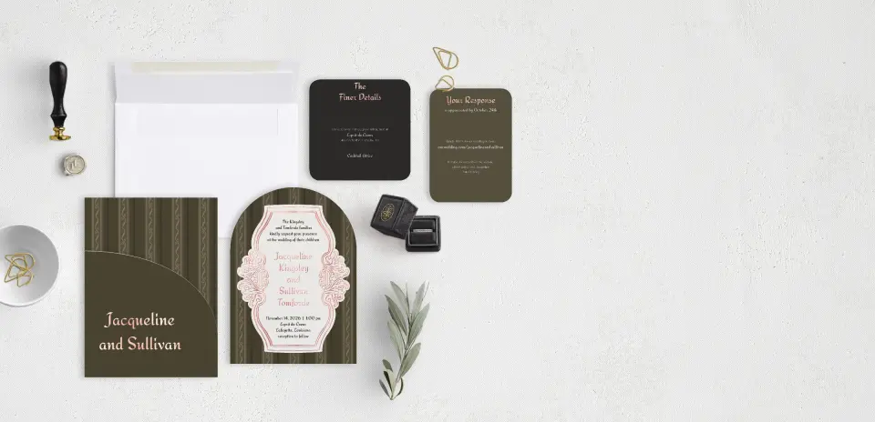 Stacked Wedding Invitations with pocket and coordinating items