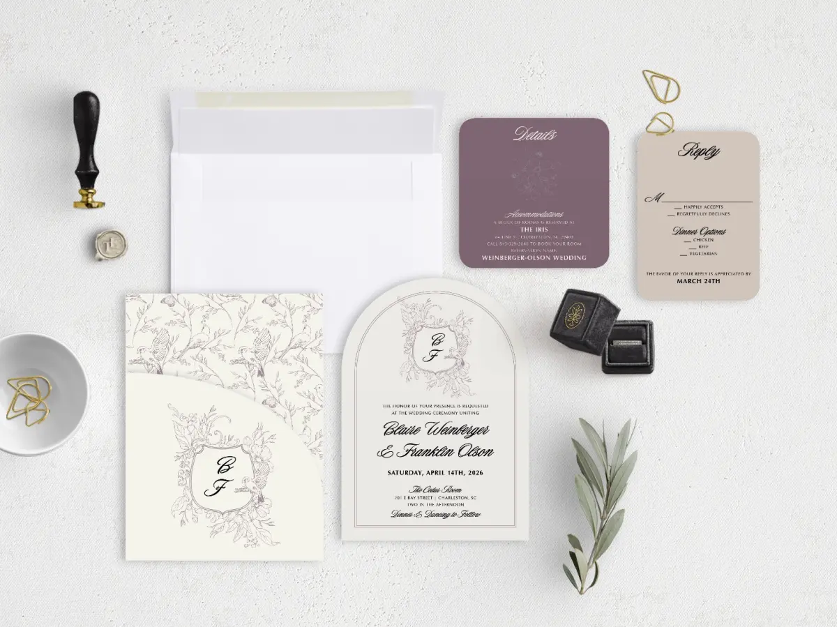 Stacked Wedding Invitations with pocket and coordinating items