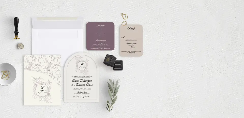 Stacked Wedding Invitations with pocket and coordinating items