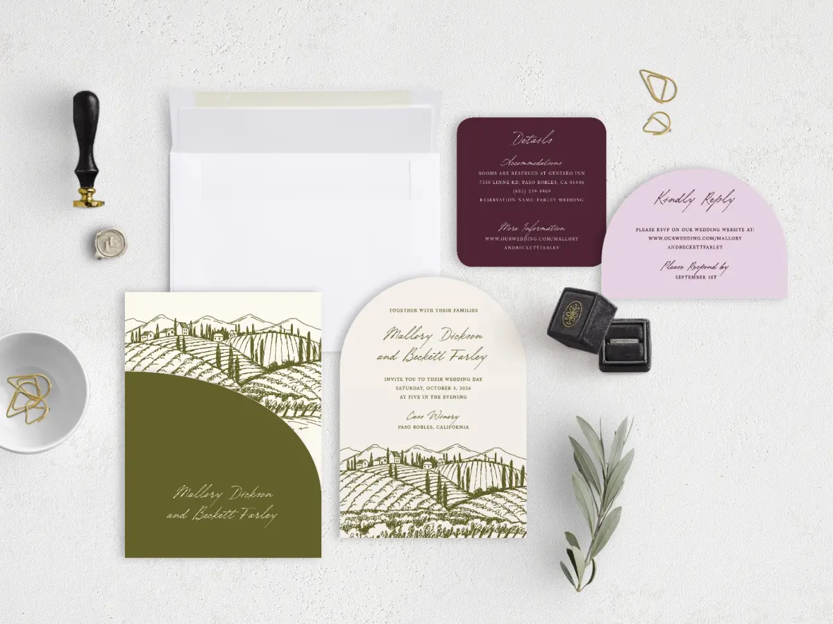 Stacked Wedding Invitations with pocket and coordinating items