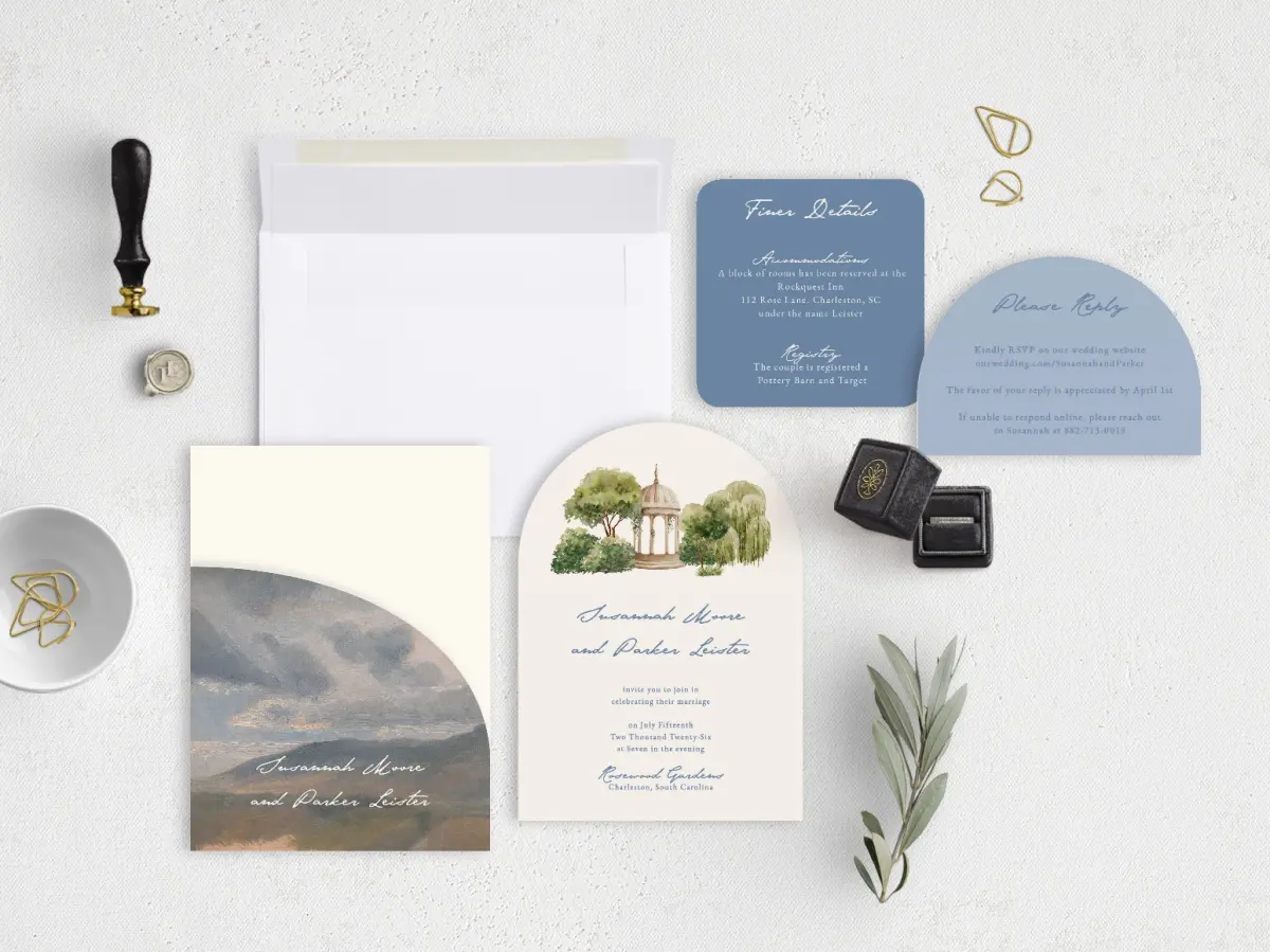 Stacked Wedding Invitations with pocket and coordinating items