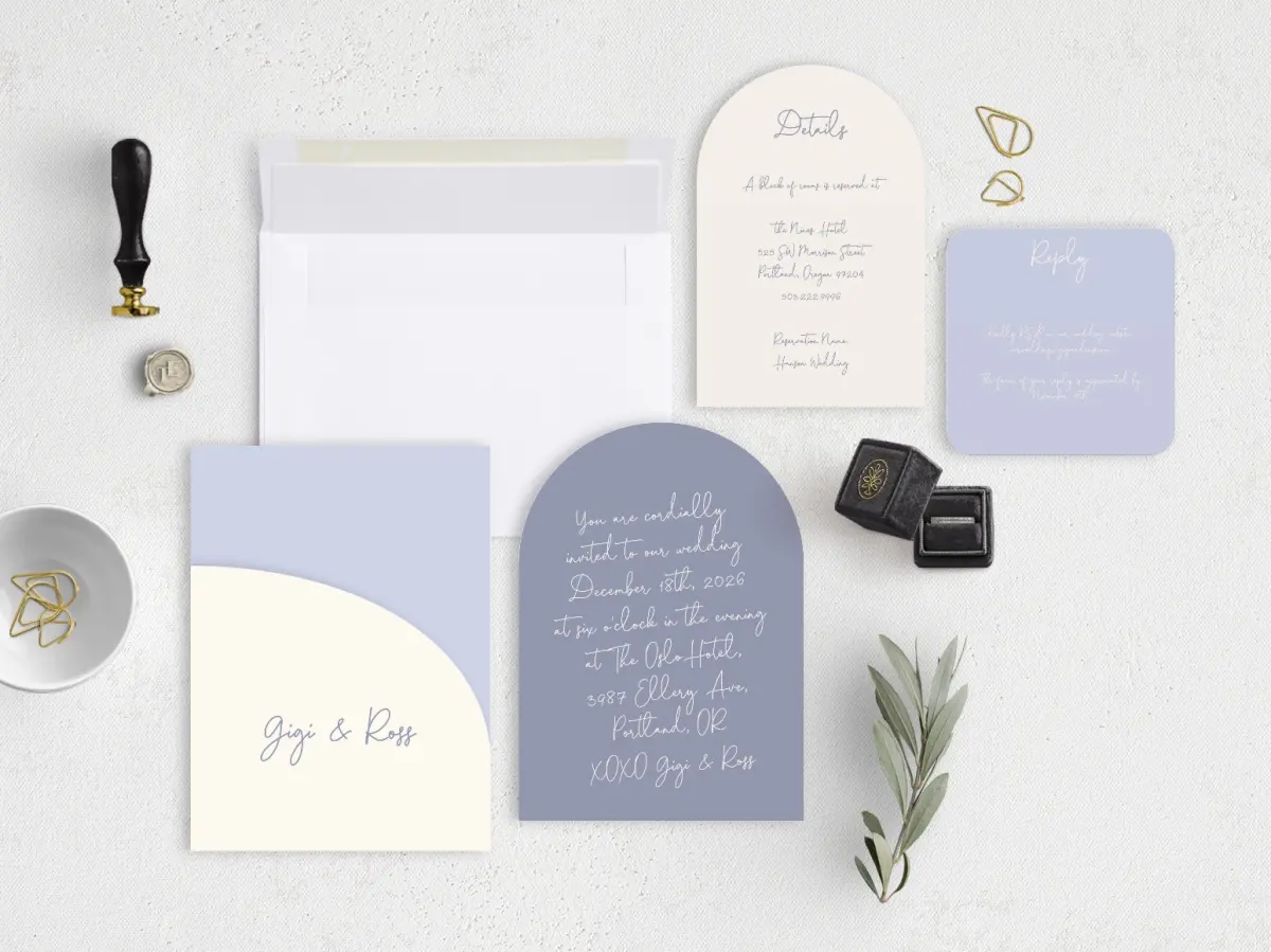 Stacked Wedding Invitations with pocket and coordinating items