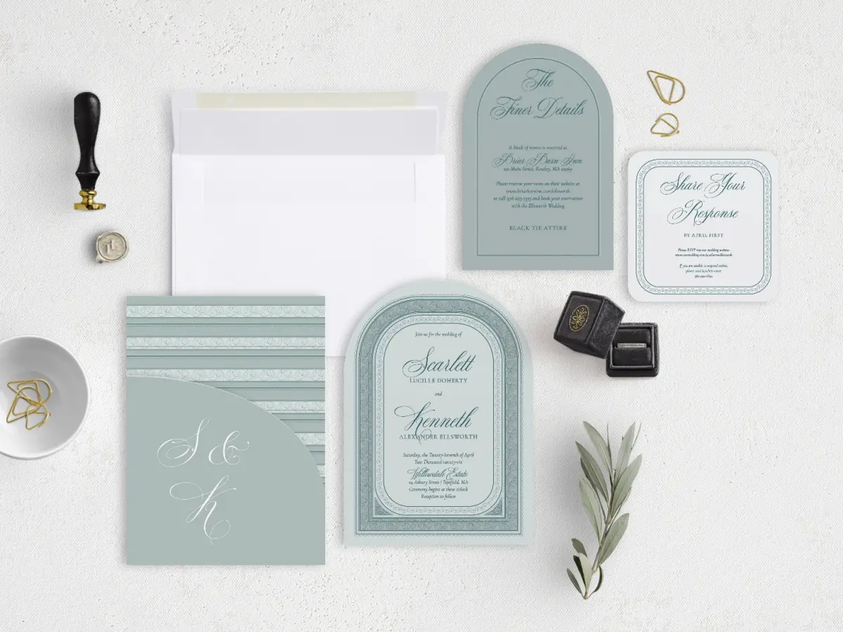 Stacked Wedding Invitations with pocket and coordinating items