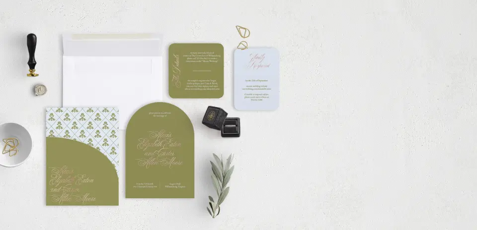 Stacked Wedding Invitations with pocket and coordinating items