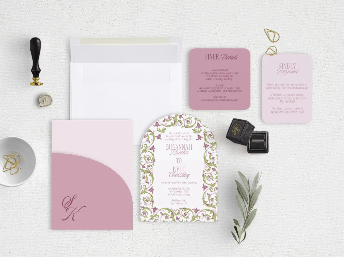 Stacked Wedding Invitations with pocket and coordinating items