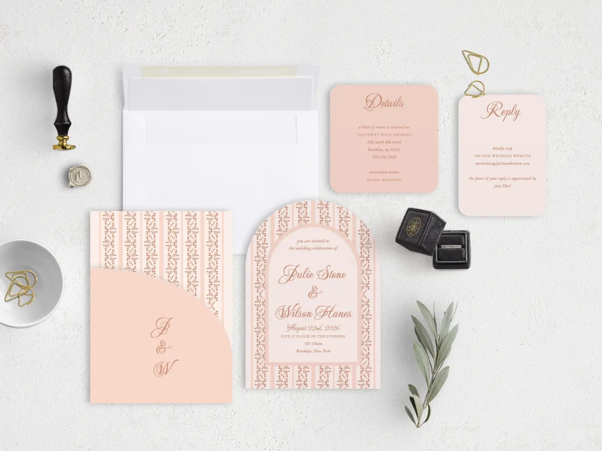 Stacked Wedding Invitations with pocket and coordinating items
