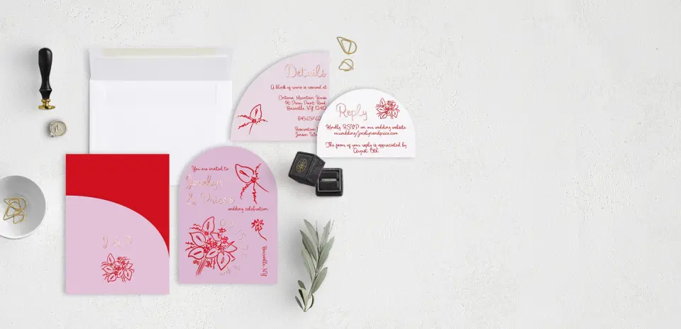 Stacked Wedding Invitations with pocket and coordinating items