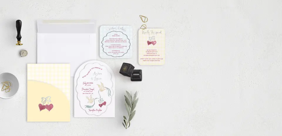 Stacked Wedding Invitations with pocket and coordinating items