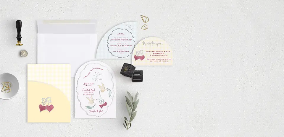 Stacked Wedding Invitations with pocket and coordinating items