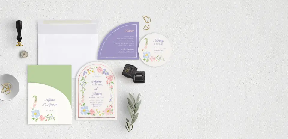 Stacked Wedding Invitations with pocket and coordinating items