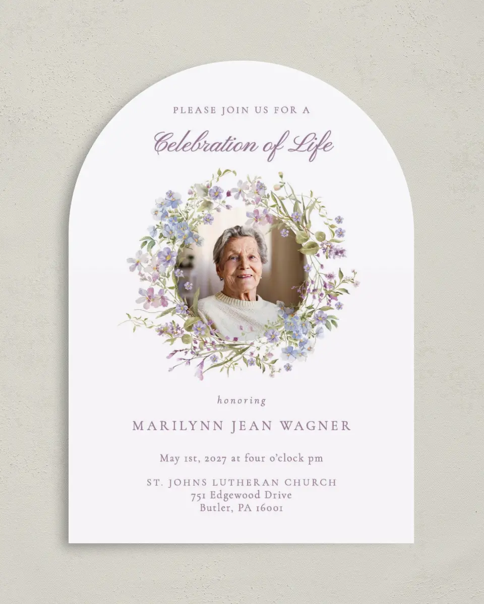 This is a 5" x 7" Celebration of Life Invitation called Forever Blooming printed in full color on Luxe Satin paper
