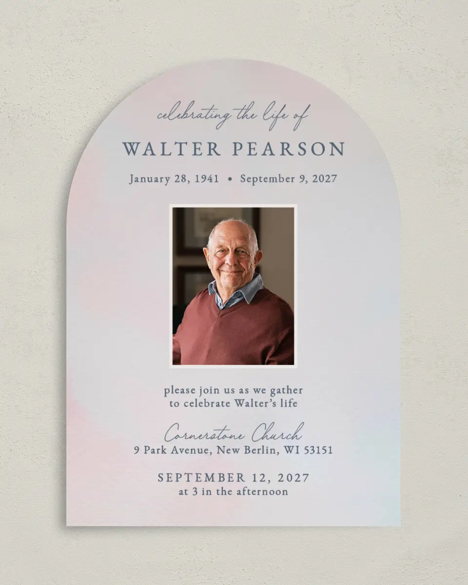 This is a 5" x 7" Celebration of Life Invitation called Peaceful Horizon printed in full color on Luxe Satin paper