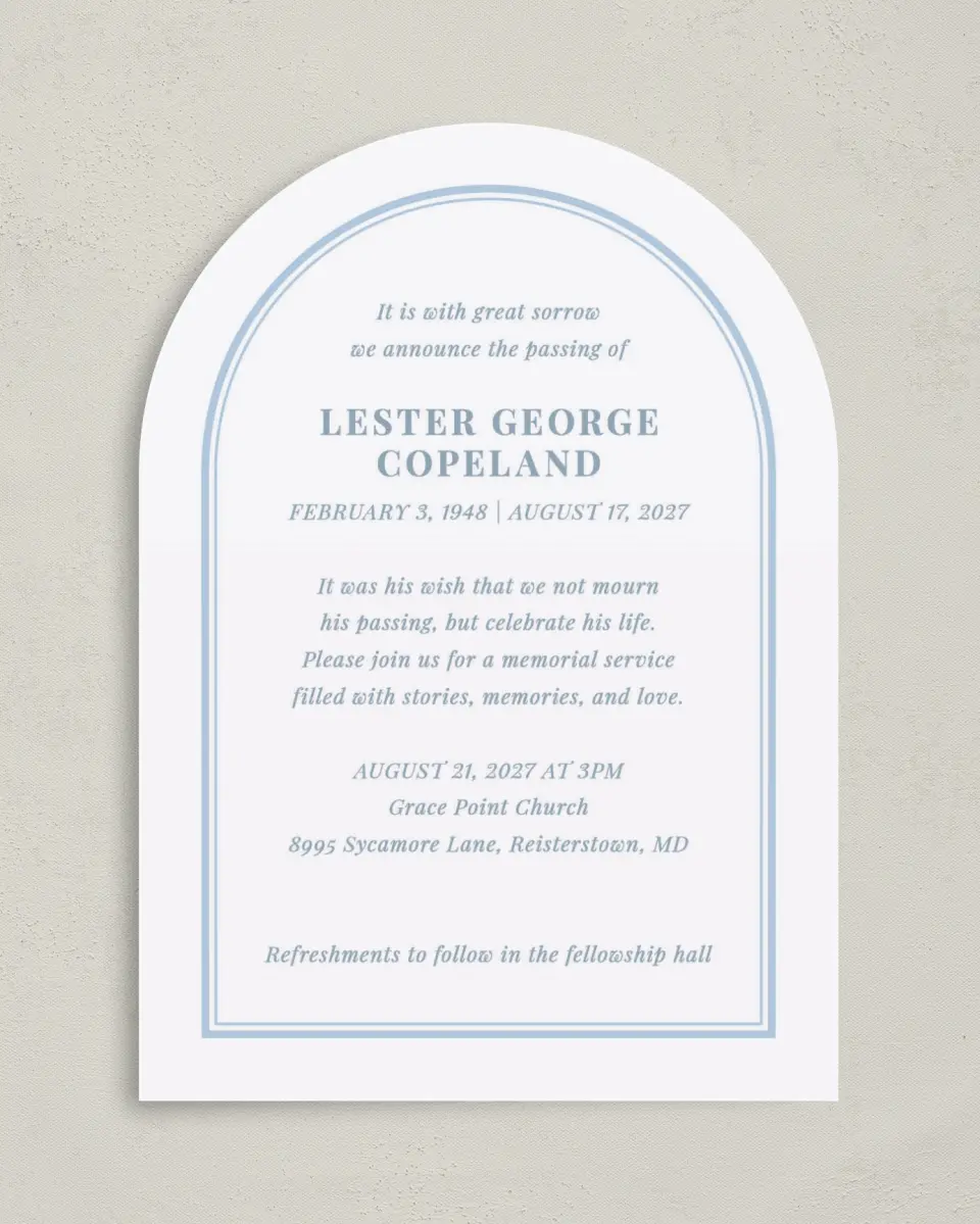 This is a 5" x 7" Celebration of Life Invitation called Forever in Frame printed in full color on Luxe Satin paper